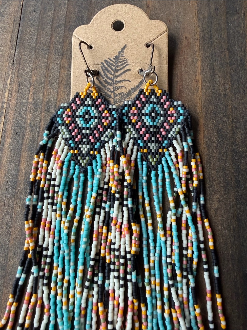 Handmade Beaded Fringe Earrings - Turquoise, Black & Pink